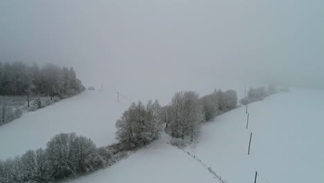 Rückwärts-Drohnen-Dolley-Aufnahme-Während-Eines-Schneeschauers-Und-Nebels-über-Einer-Winterlandschaft