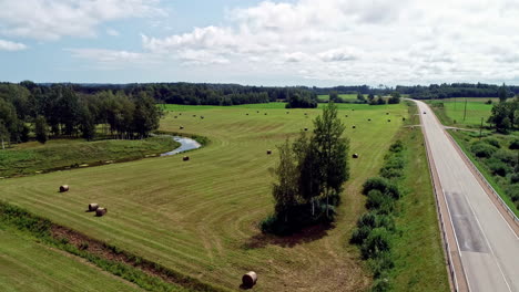An-Einem-Sonnigen-Tag-In-Lettland-Liegen-Strohballen-Auf-Einem-Gemähten-Rasen