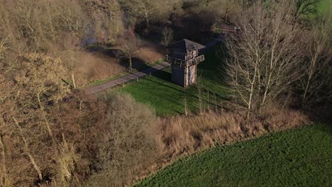Aerial-descend-showing-wooden-watch-tower-remains-of-roman-regiment-fortification-part-of-the-original-Waterlinie-defense-settlement