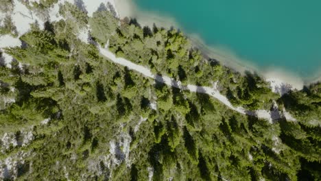 Aerial-Drone-shot-of-the-river-with-boats-and-path-in-the-pine-forest,-Lago-di-Braies,-Italy,-Dolomites
