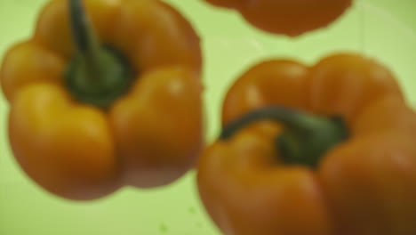 Slow-motion-of-yellow-peppers-falling-into-water-surface-on-green-background