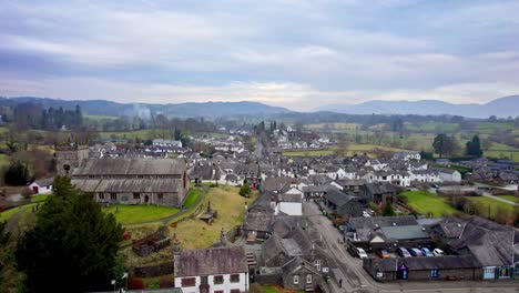Drone,-aerial-footage-of-the-historic-village-of-Hawkshead-a-ancient-town-in-the-Lake-District,-Cumbria