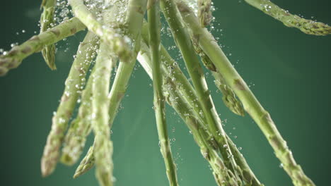 Slow-motion-of-Fresh-raw-asparagus-falling-into-water-on-green-background