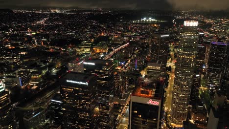 March-2023---4K-night-aerial-of-Downtown-Los-Angeles,-California,-USA