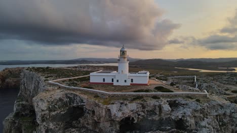 Drone-flight-around-lighthouse-in-Spain-with-dark-black-clouds-in-the-distance