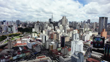 Aerial-view-around-the-downtown-skyline-of-Sao-Paulo,-sunny-Brazil---orbit,-drone-shot
