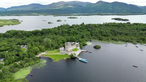 Ross-Castle,-located-in-Killarney,-Ireland,-is-a-stunning-15th-century-castle-that-stands-majestically-on-the-edge-of-Lough-Leane