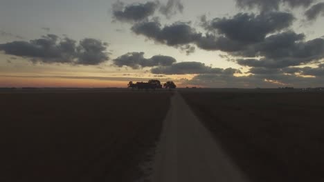 Flying-over-grassy-field-and-dirt-road-towards-a-group-of-trees-on-southern-farm-at-sunrise
