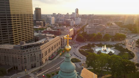 Beautiful-Drone-Shot-of-Cathedral-Basilica-and-Logan-Circle---Philadelphia,-PA
