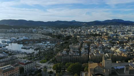 Drone-decending-by-cathedral-in-Palma-De-Mallorca