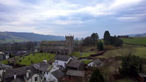 Drone,-aerial-footage-of-the-historic-village-of-Hawkshead-a-ancient-town-in-the-Lake-District,-Cumbria