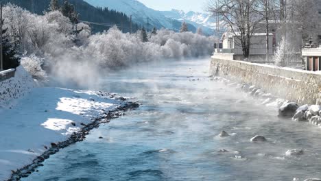 Small-stream-of-water-flowing-around-frozen-snow-covered-trees-during-winter-with-fog-and-mist