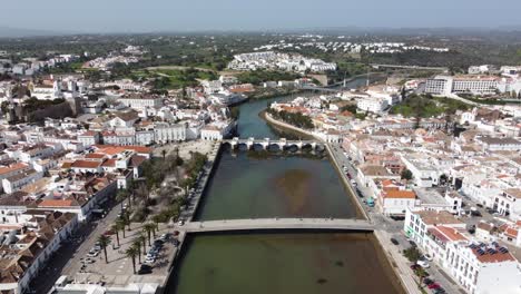 The-Galao-River-Tavira-Algarve-Portugal,-drone-shot-travelling-up-from-the-sea