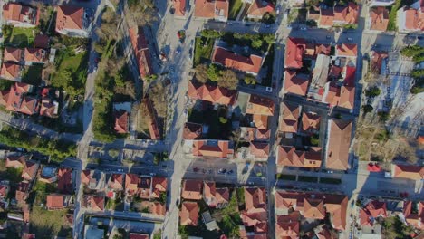 Top-down-shot-of-Kalavryta,-Greece---streets-and-buildings