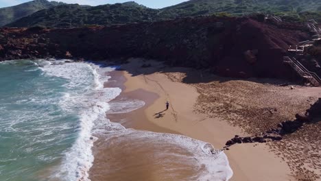 Drone-view-of-person-walking-dog-along-the-beach-with-mountains-in-Spain