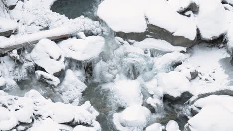 Small-stream-of-water-flowing-through-snow-covered-rocks