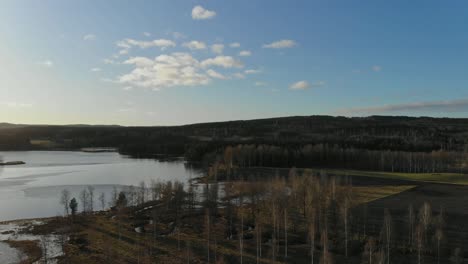 Lake-by-road-in-Sweden,-shot-with-drone