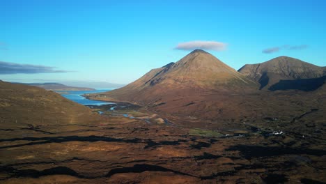 Pan-across-Sligachan-and-Red-Cuillin-Glamaig-with-cloud-top-on-the-Isle-of-Skye-Scotland