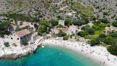 Aerial-drone-shot-of-the-Dubovica-cove-on-Hvar