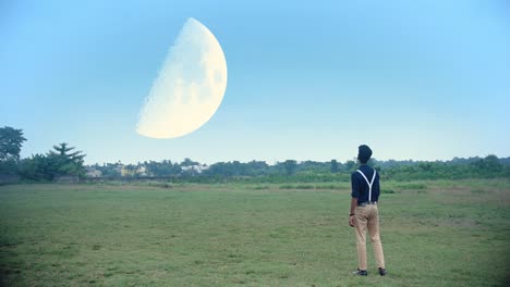 Boy-stands-in-valley-or-grassland-looking-at-very-big-moon-in-sky-at-daytime-in-dream-sequence-or-sci-fi