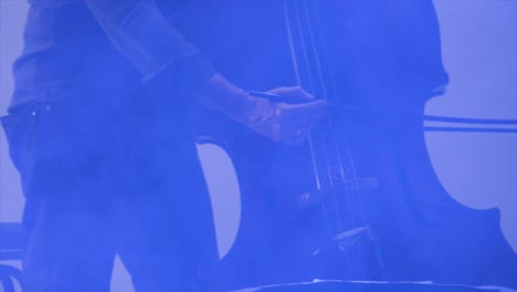 Bass-player-at-a-concert,-theater-scene,-doublebass,-flat-plane-closeup