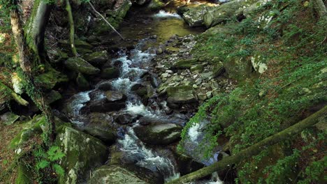 Drone-flzing-above-Mountain-river,-rocks-and-boulders-in-forest,-Bistriski-Vintgar-gorge-on-Pohorje,-Slovenia,-hiking-and-outdoor-tourism-landmark,-ecology-clean-water-concept,-natural-resources
