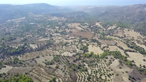 Aerial-drone-footage-over-diverse-dry-and-lush-green-lands-of-Cyprus-and-pan-up-to-the-mountains