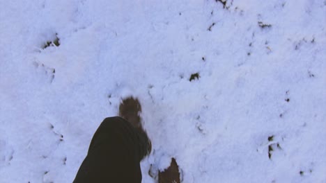 Slow-motion-shot-of-a-man's-boots-as-he-walks-through-thick-snow-in-a-white-field