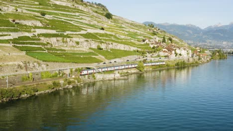 Two-Swiss-trains-crossing-along-the-shore-of-Lake-Léman-near-Saint-Saphorin,-Lavaux---Switzerland-The-Alps-in-the-background