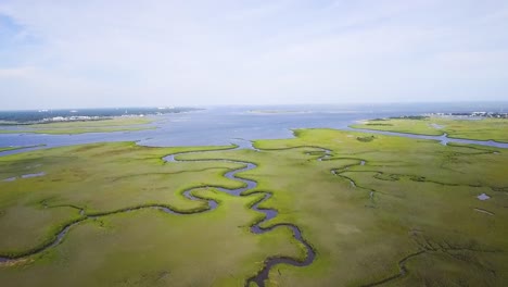 Drone-flying-over-green-wetlands-near-the-ocean