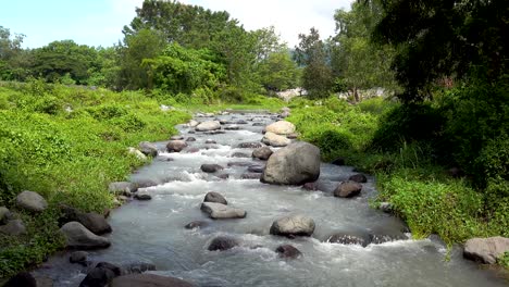 clear-river-stream-passing-by-lush-green-grass-and-tress-with-boulders