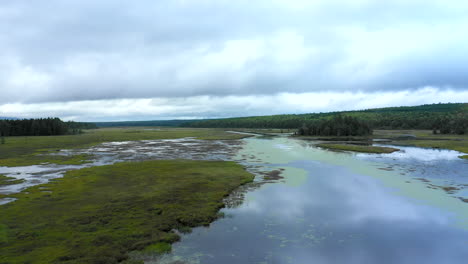 Aerial-shot-low-over-the-calm,-murky-waters-of-Shirley-Bog-winding-through-the-Maine-countryside-surrounded-by-dark-forest-under-cloudy-skies