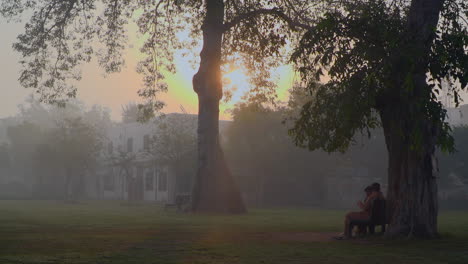 In-the-winters-foggy-morning-two-men-sat-at-a-bench,-down-a-tree,-talking,-The-sun-is-rising-over-a-white-house