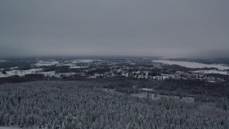 Aerial-view-of-small-town-in-snowy-cold-forest