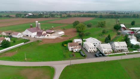 Drone-Ariel-View-of-Amish-Farm-Lands-and-Amish-Sunday-Meeting