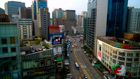 Seoul-South-Korea---Circa-An-aerial-reverse-dolly-time-lapse-of-traffic-zooming-by-in-the-city-in-Seoul,-South-Korea