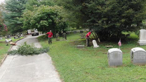 Volunteers-cutting-trees-and-branches-at-cemetery,-charitable-community-work