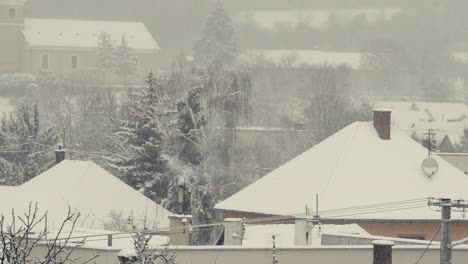 Smoke-rising-from-the-chimney-of-the-house-in-the-small,-foggy-and-snow-covered-village