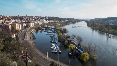 Timelapse-of-Vltava-river-in-Prague,-static-view-from-Vysehrad-Castle