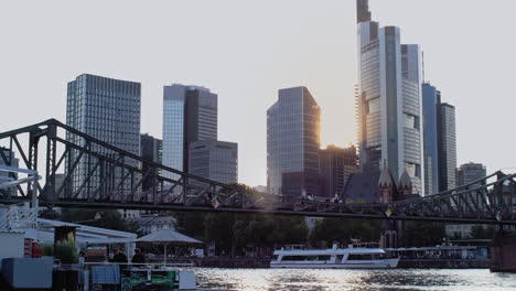 View-from-the-river-Main-to-the-skyline-of-the-city-Frankfurt-at-Main-in-Hesse,-Germany