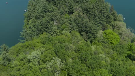 Aufsteigende-Neigungsaufnahme-Einer-Kleinen,-Mit-Immergrünen-Bäumen-Bedeckten-Halbinsel-An-Einem-Kleinen-Bergsee-In-Wisconsin,-USA