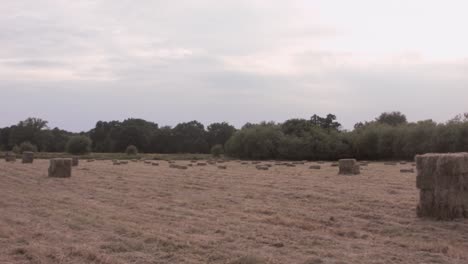 Hay-bales-in-field-wide-panning-shot