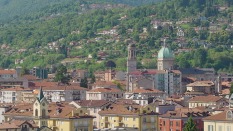 Aerial-tracking-shot-of-Italian-town-Verbania-in-Lago-Maggiore