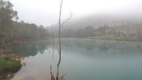 a-shot-moving-right-near-the-surface-on-a-foggy-lake