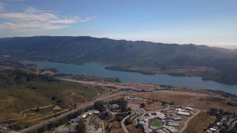 Aerial-of-mountains-and-lake-of-crystal-springs-reservoir-in-san-mateo,-california-with-Panoramic-view