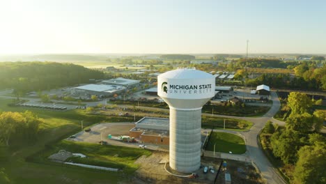 Aerial,-water-tower-with-'Michigan-State-University'-painted-on-it