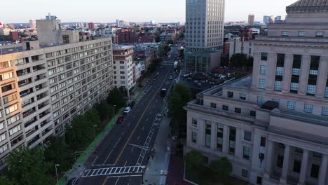 Aerial-footage-shows-an-urban-street-in-Boston,-MA