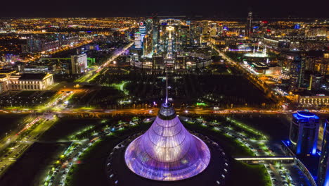 An-aerial-view-of-Nur-Sultan,-Kazakhstan-and-the-Khan-Shatyr,-Lovers-Park-and-Entertainment-Centre