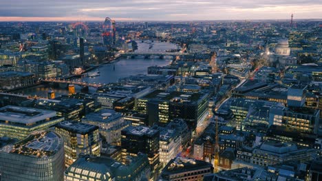 Aerial-view-of-London-skyline-at-dusk