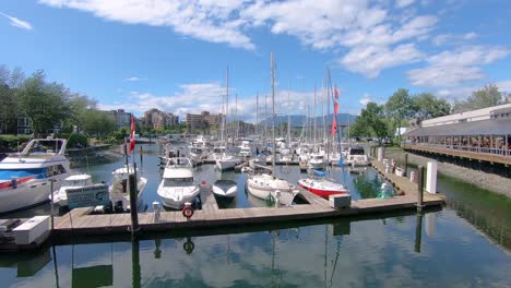 Boats-different-sizes-parked-in-the-harbor-with-wooden-paths-in-Seattle-on-summertime